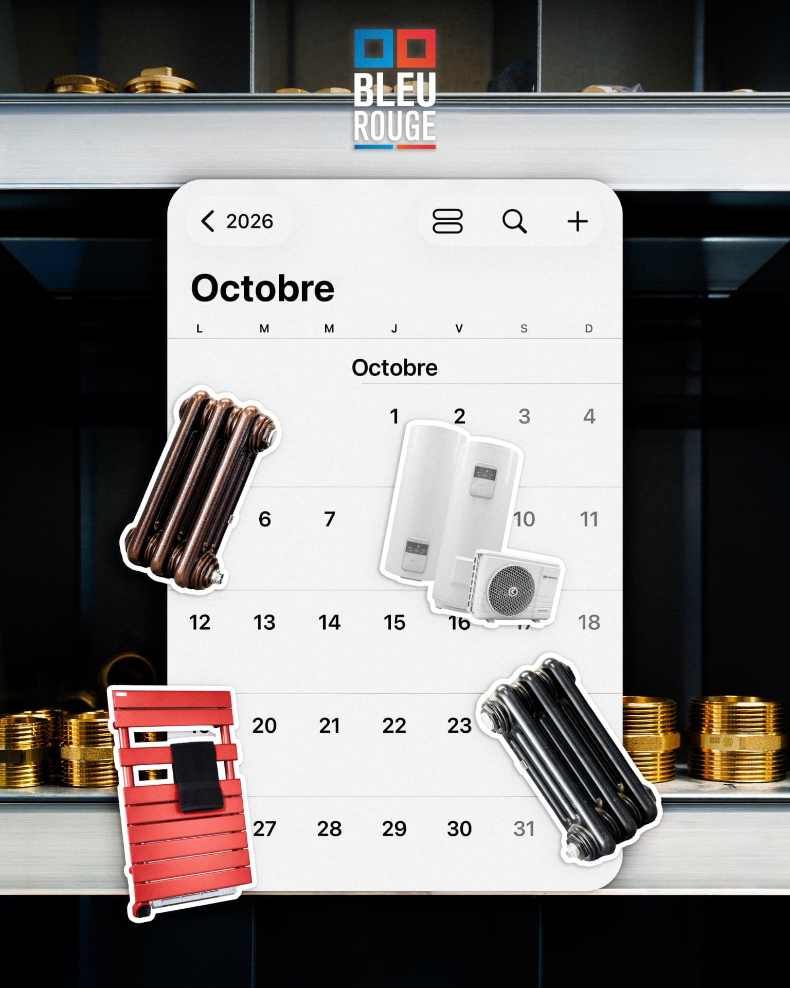 Visuel réseaux sociaux présentant un calendrier du mois d'octobre entouré de radiateurs, chauffe-eau et pompe à chaleur