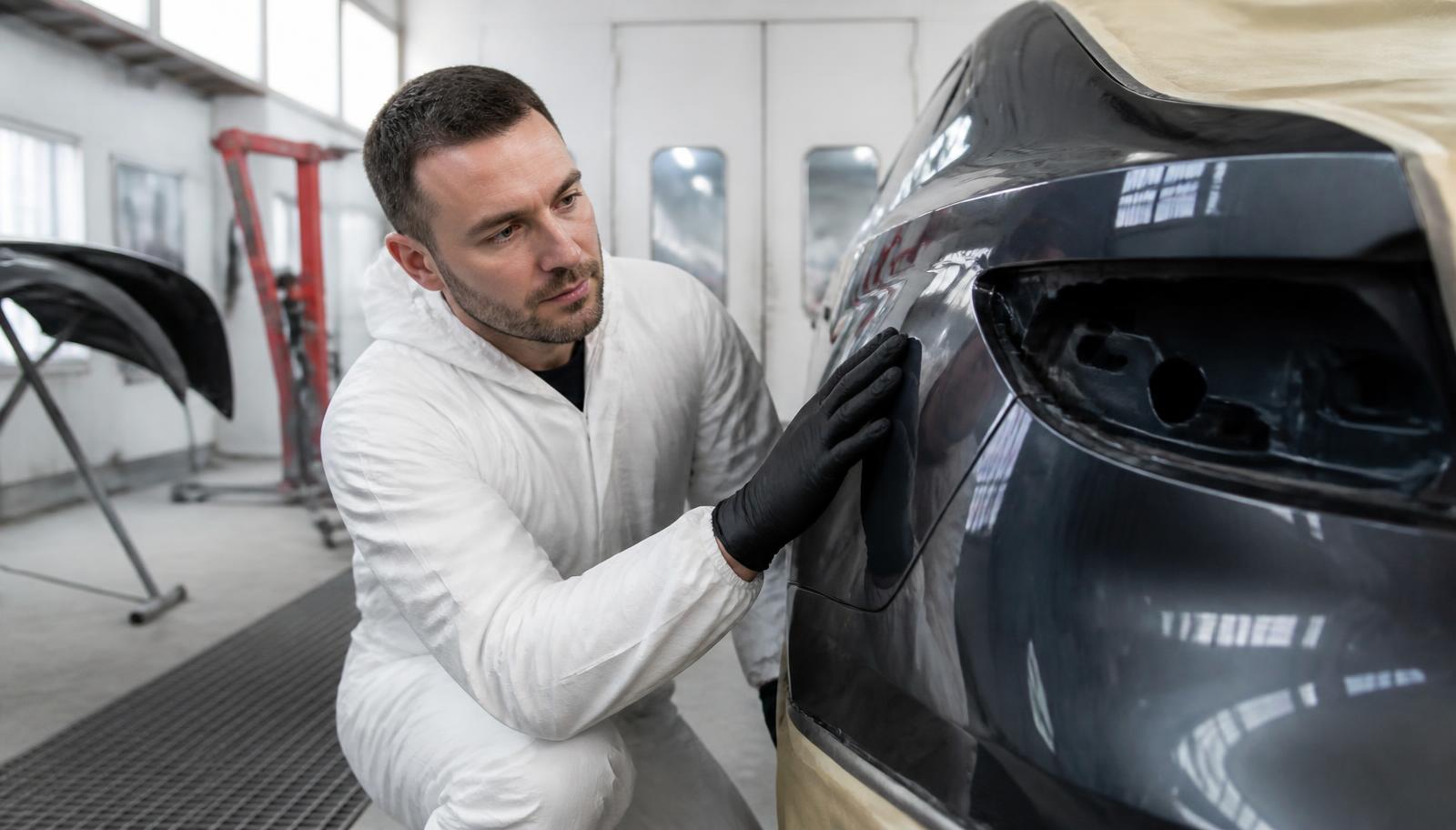 Technicien contrôlant une carrosserie fraîchement repeinte en atelier