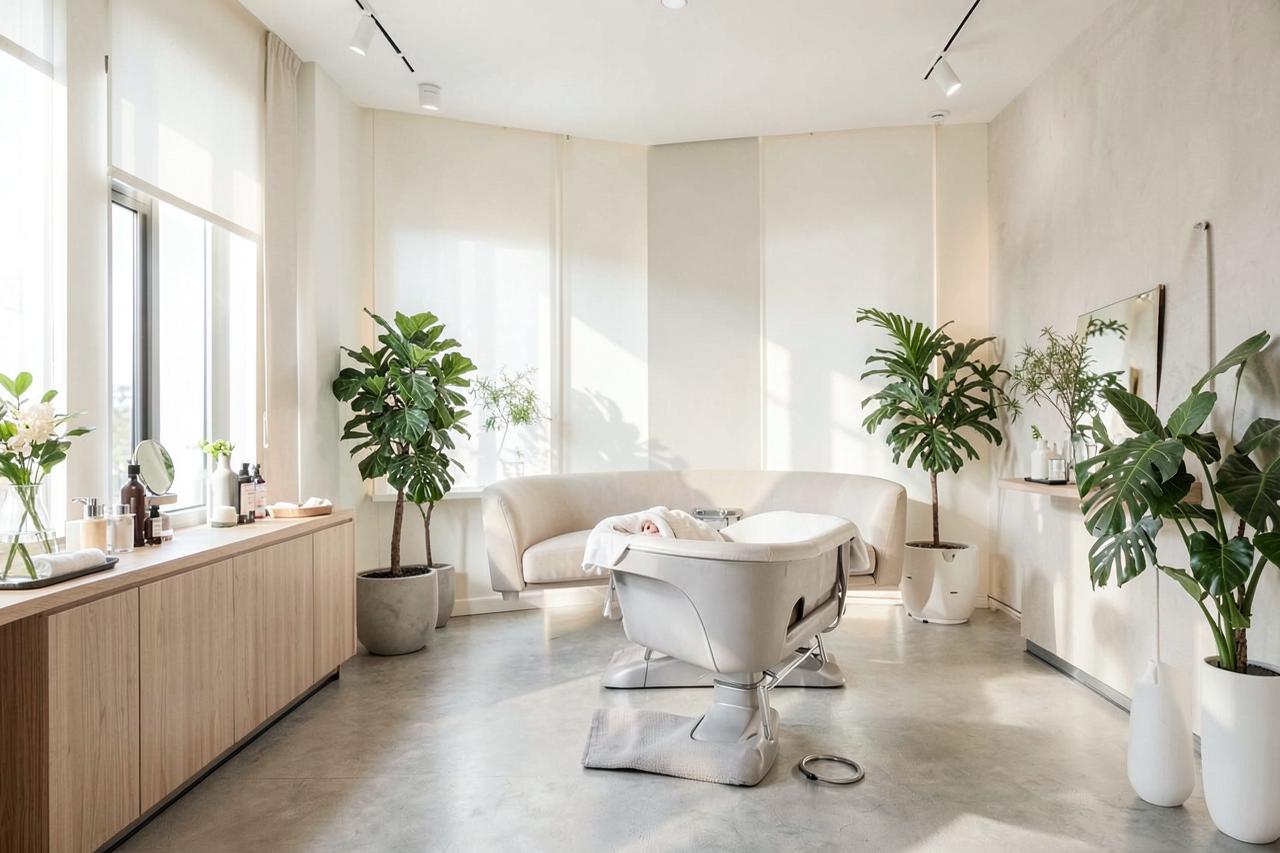 Institut de beauté lumineux avec cabine de soin et plantes