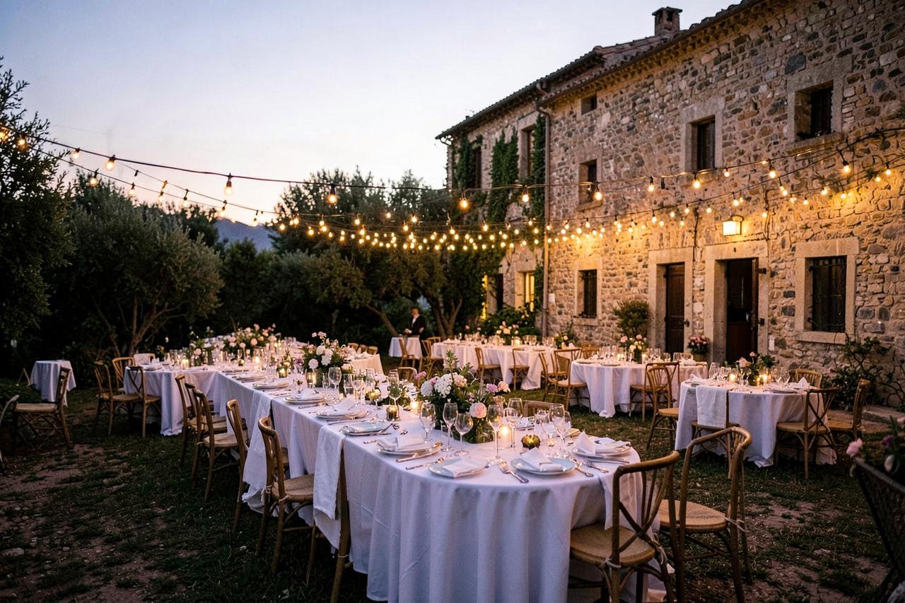 Tables dressées pour une réception en extérieur dans un domaine provençal au crépuscule