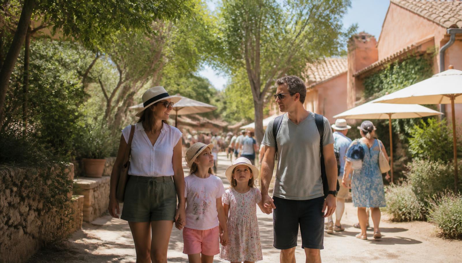 Famille se promenant dans un site de loisirs provençal en été