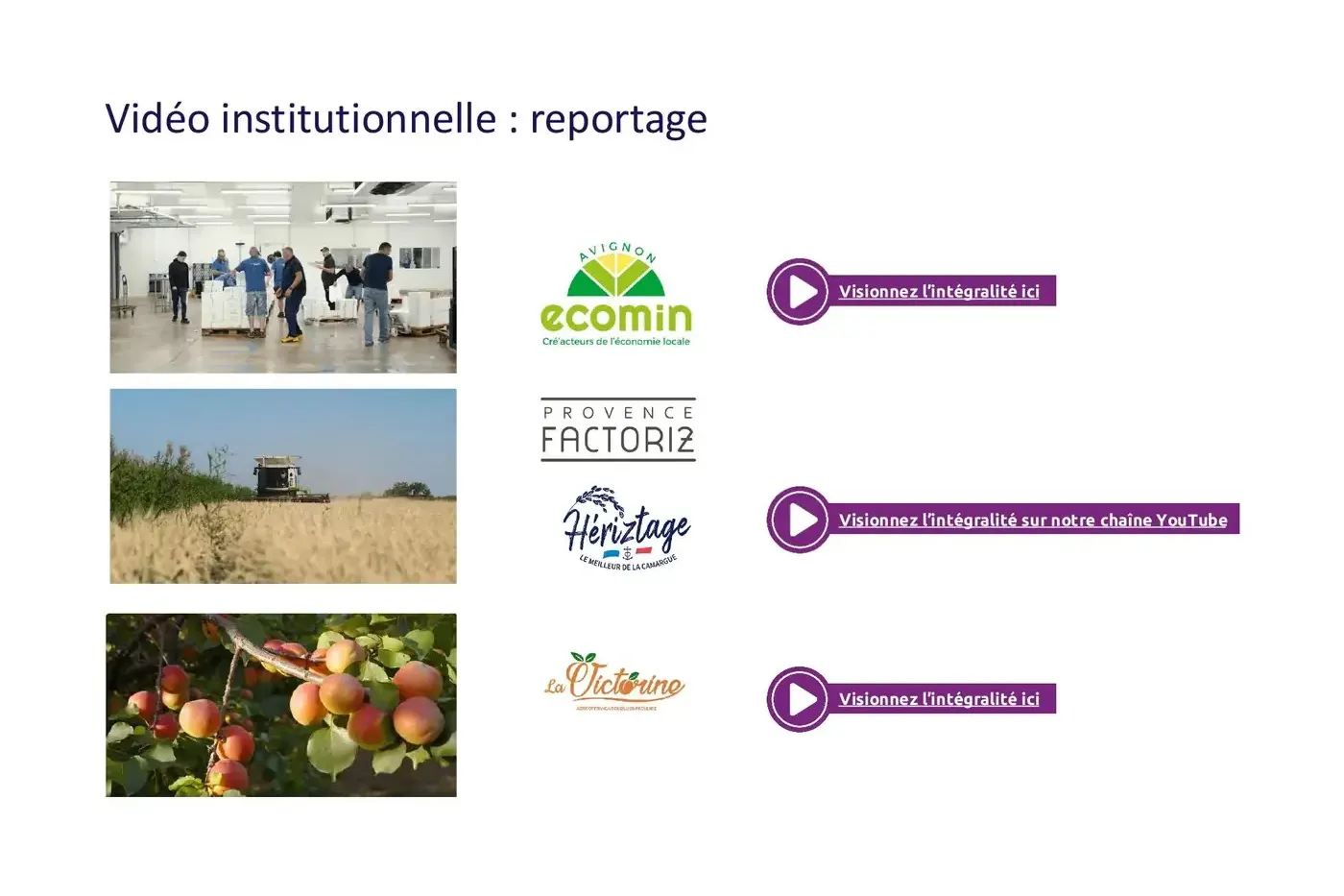 Planche de vidéos institutionnelles réalisées par BICPOM